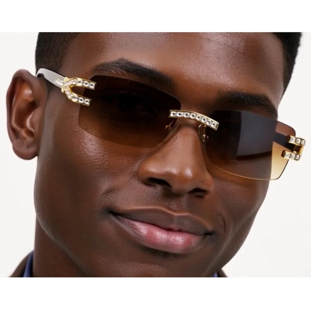 Rhinestone Sunglasses Rimless Buffs Brown Lens Fashion Shades Music Party Shades